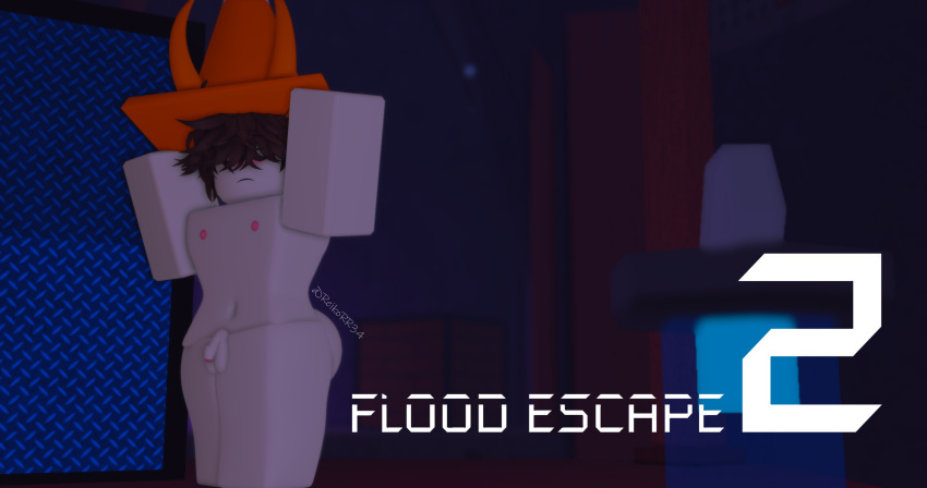 1male 3d brown_hair cone cone_hat copyright_name femboy flood_escape_2 gay nude reikorr34 roblox roblox_game robloxian tagme text traffic_cone