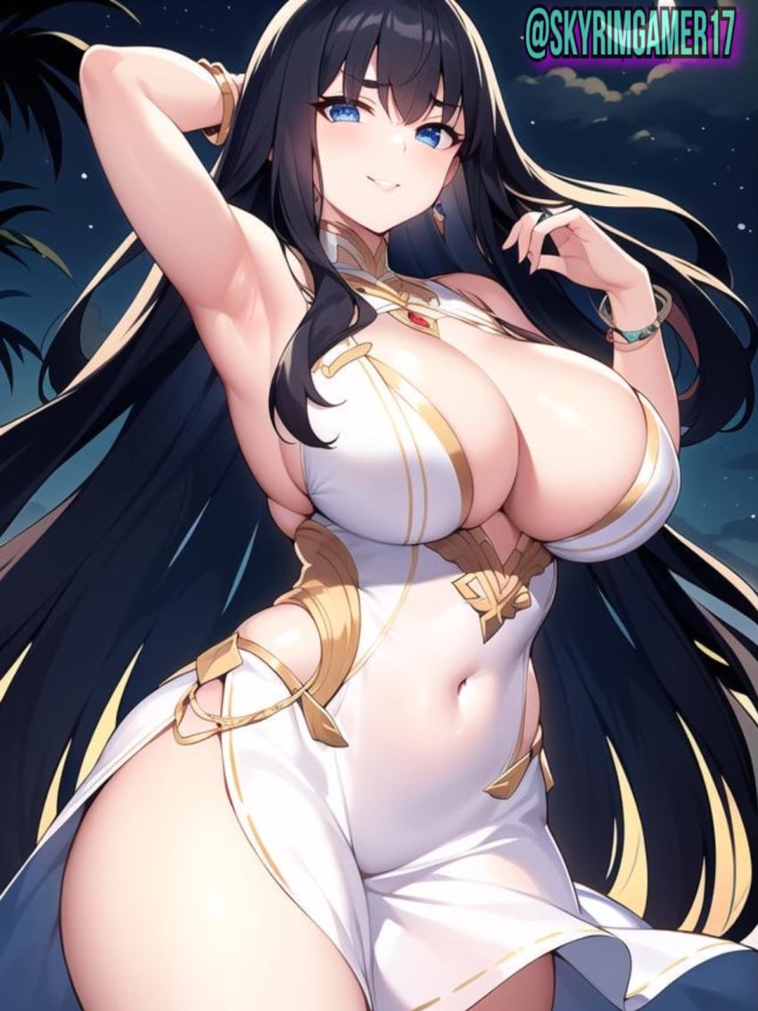 ai_generated black_hair blue_eyes bracelets cleavage close-up clouds curvaceous curvy curvy_body curvy_female curvy_figure curvy_hips earrings evening_gown fancy female_focus female_only from_below hand_behind_head hi_res high_resolution highres huge_breasts kill_la_kill kiryuuin_satsuki looking_at_viewer moonlight nai_diffusion narrow_waist neckwear night_sky outdoors palm_tree pov revealing_clothes skyrimgamer17 smiling_at_viewer stable_diffusion thick_ass thick_eyebrows thick_legs thick_thighs voluptuous voluptuous_female wide_hips