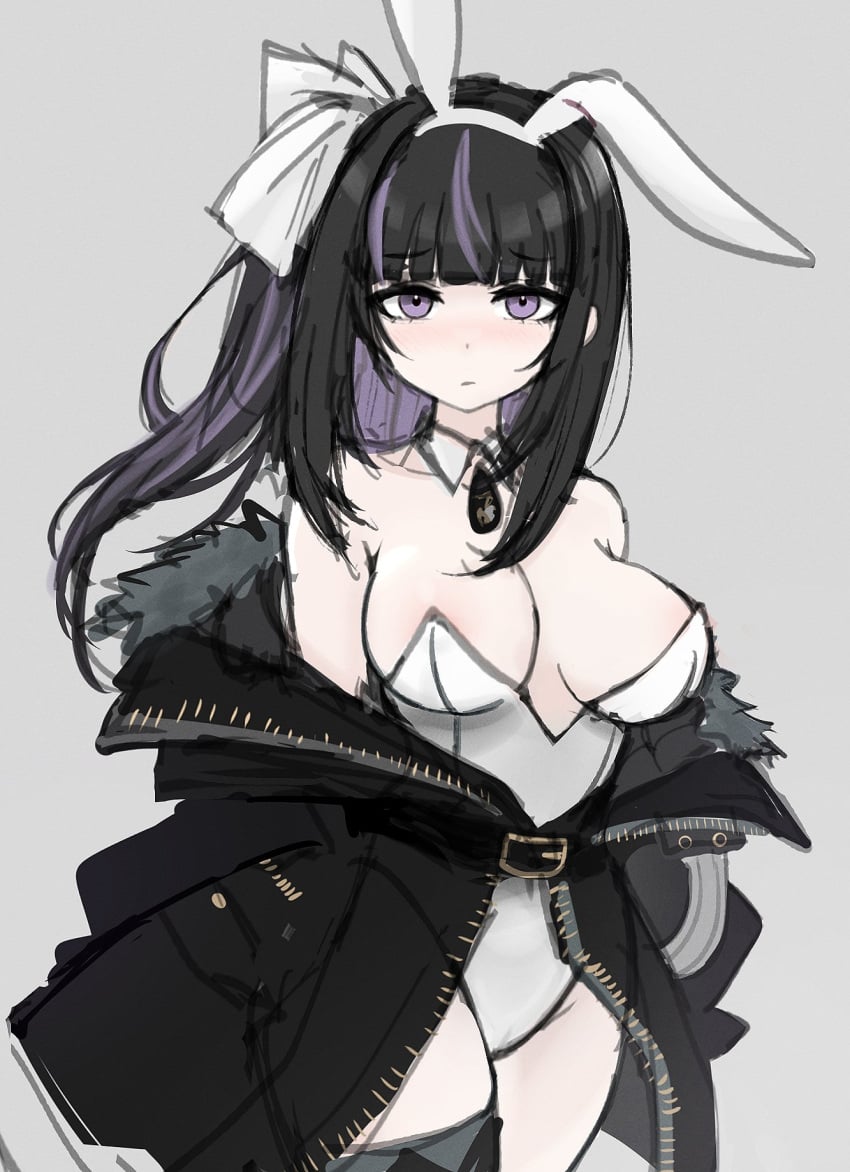 1girls big_breasts black_hair blush breasts bunnysuit clothed clothing embarrassed eyebrows_visible_through_hair fake_animal_ears fake_rabbit_ears female female_only hair_ornament hair_ribbon indie_virtual_youtuber jacket k_(m_r_b/nkmmktwt/ꓘ) light-skinned_female light_skin looking_at_viewer nose_blush purple_eyes purple_hair ririsya solo two_tone_hair virtual_youtuber