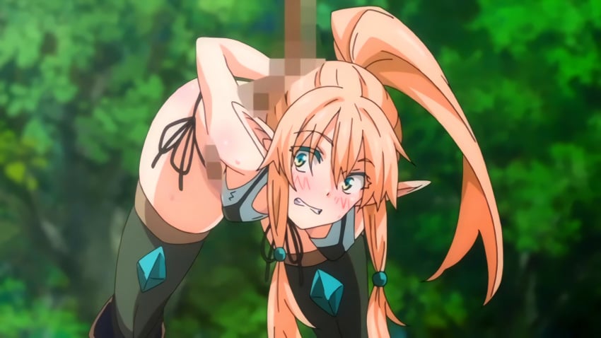 1girls anime_screencap blush censored elf elf_ears elf_female elf_girl elongated_penis female female_only hentai interspecies isekai_kita_no_de_sukebe_skill_de_zenryoku_ouka_shiyou_to_omou_the_animation long_hair mosaic_censoring ova penis ponytail revealing_clothes screencap shion_(animation_studio) stockings tied_up