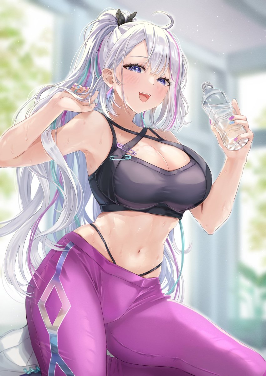 1girls belly_button blue_hair blush bottle breasts cleavage clothed clothing ember_amane female female_only fujik0 gym_clothes happy huge_breasts indoors light-skinned_female light_skin looking_at_viewer open_mouth phase_connect phase_invaders pink_hair purple_eyes solo three-tone_hair virtual_youtuber water water_bottle white_hair