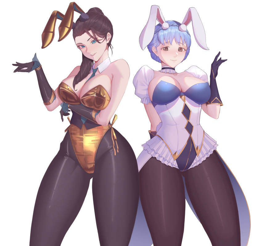 2girls alfa_(alpharig) alternate_costume arm_under_breasts ass_visible_through_thighs between_breasts blue_eyes blue_hair braid breasts brown_eyes brown_hair bunny_ears bunny_girl bunnysuit cleavage commission female female_only fire_emblem fire_emblem:_three_houses gloves grin hair_over_shoulder judith_von_daphnel large_breasts leotard light_blue_hair looking_at_viewer marianne_von_edmund multiple_girls nintendo pantyhose ponytail smile thick_thighs thighs tie white_background