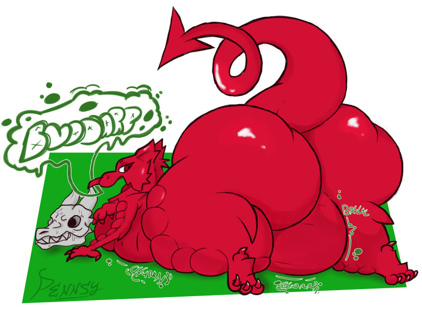 4:3 absurd_res after_vore ambiguous_gender ass belly big_butt big_tail bone burp_cloud burping claws crotch_belly digestion digestion_noises digital_media_(artwork) dragon forearms hi_res huge_belly huge_butt hyper hyper_butt looking_back lying male on_front pennsy red_body rumbling_stomach scaled_forearms scales scalie skull solo tail vore welsh_dragon western_dragon wide_hips