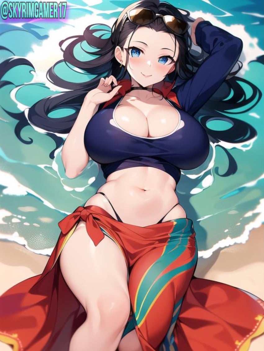 ai_generated beach black_hair blue_eyes cleavage curvaceous curvy curvy_body curvy_female curvy_figure curvy_hips female female_focus female_only hi_res high_resolution highres huge_breasts looking_at_viewer lying_on_sand nai_diffusion narrow_waist nico_robin ocean one_piece post-timeskip pov shirt skyrimgamer17 stable_diffusion sunglasses_on_head thick_hips thick_legs thick_thighs towel_around_waist voluptuous voluptuous_female wide_hips