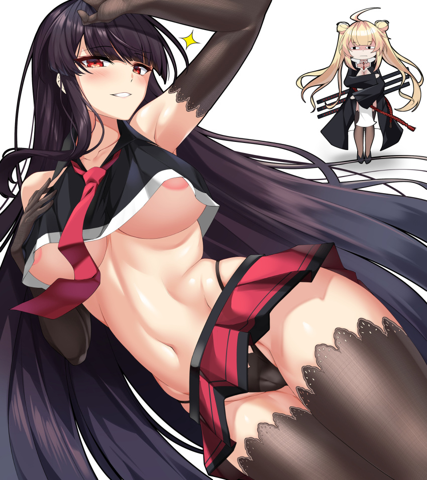 2girls ahoge areola_slip arm_up armpits bare_shoulders black_coat black_gloves black_hair black_panties black_shirt blonde_hair cameltoe coat collared_shirt counter:side crop_top crop_top_overhang dress elbow_gloves elze_(s01047480836) gloves grey_thighhighs grin groin hand_on_own_chest hand_up highleg highleg_panties highres large_areolae long_hair looking_at_viewer microskirt midriff multiple_girls naielle_bluesteel navel necktie no_bra panties pelvic_curtain pleated_skirt red_eyes red_skirt shirt skirt sleeveless sleeveless_shirt smile stomach string_panties thighhighs twintails underwear very_long_hair white_dress yen_xing_lanchester