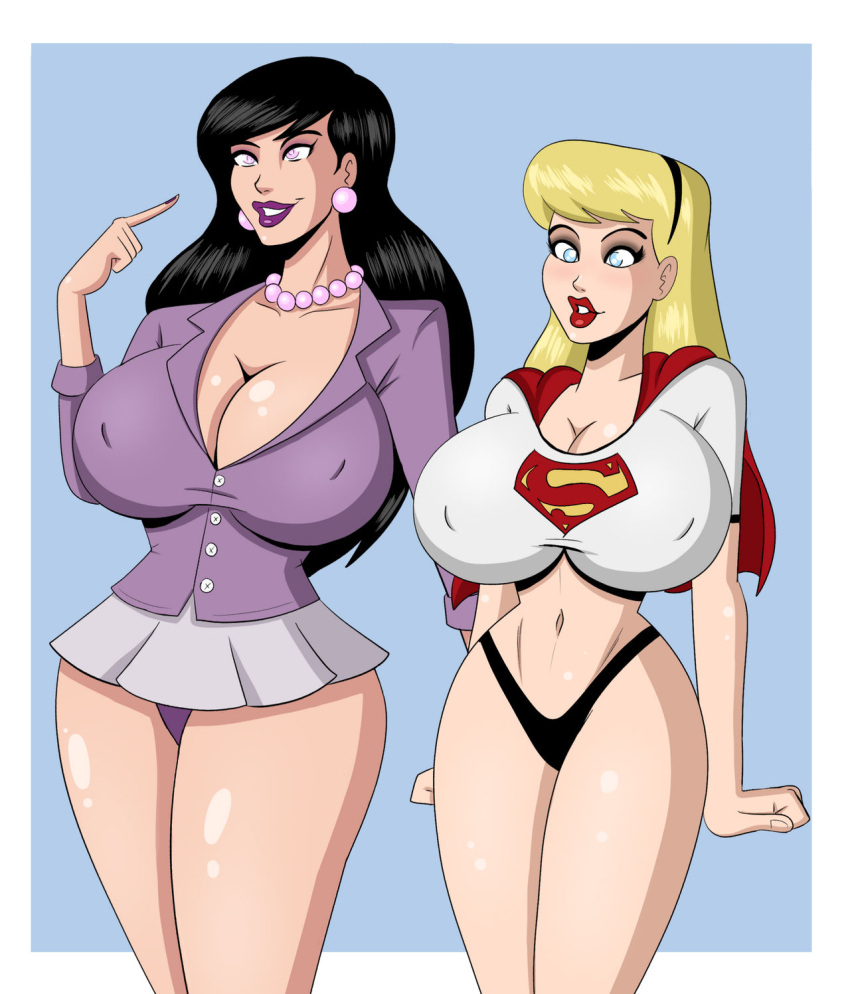 2girls big_breasts bimbo bimbofication black_hair blonde_hair cleavage clothed clothed_female dc dc_comics dcau dialogue earrings english_text fully_clothed huge_breasts hypnosis light_skin lipstick lois_lane lois_lane_(dcau) long_hair necklace panties pearl_necklace polmanning purple_lipstick red_lipstick skirt speech_bubble standing supergirl superman:_the_animated_series superman_(series) third-party_edit