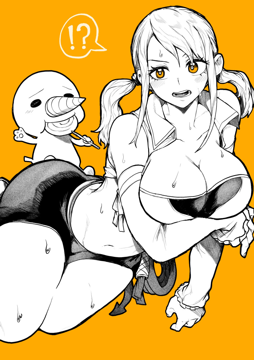 big_breasts big_butt blushing booty_shorts breast_lift cleavage confusion curvaceous fairy_tail huge_thighs large_ass large_breasts long_sleeves lucy_heartfilia monochrome plue sweaty_body sweaty_breasts sweaty_thighs tied_shirt twintails visible_panties visible_underwear voluptuous_female yellow_background yellow_eyes yotsumi_shiro