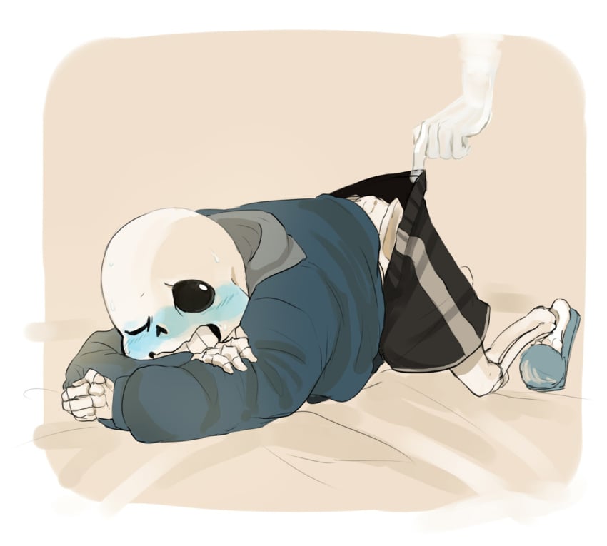 animated_skeleton ass_up blue_blush blush cheztnuts clothed disembodied_hand kneel monster one_eye_closed pulling_pants sans sans_(undertale) simple_background skeleton slippers solo_focus submissive top-down_bottom-up undead undertale undertale_(series)