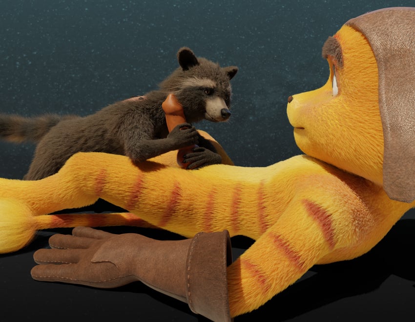 2boys 3d 3d_(artwork) animal_genitalia anthro black_nose blender_(software) brown_body brown_eyes brown_fur claws clothing crossover digital_media_(artwork) disney duo erection facial_markings fur gay genitals gloves guardians_of_the_galaxy handwear hat head_markings headgear headwear holding_penis light_belly lombax looking_at_another looking_at_partner lying male male/male male_only mammal markings marvel marvel_cinematic_universe mask_(marking) mostly_nude nude on_back on_model penis pink_penis procyonid raccoon ratchet_(ratchet_and_clank) ratchet_and_clank ring_(marking) ringtail rocket_raccoon rockyrcoon simple_background size_difference smile sony_corporation sony_interactive_entertainment stripes tail tail_markings tail_tuft tuft whiskers white_muzzle yellow_body yellow_fur