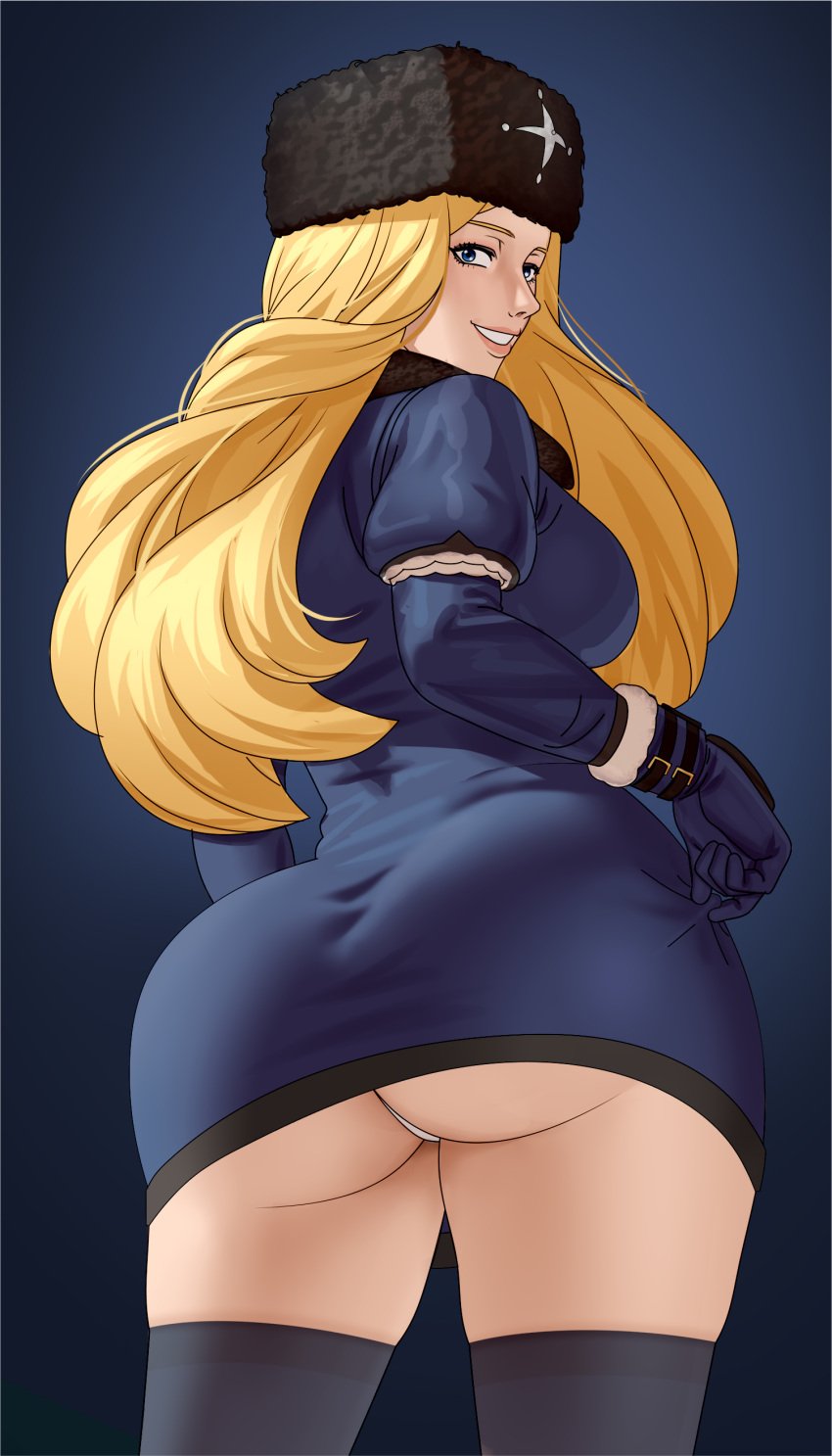 1girls alternate_version_available ass blonde_hair blue_eyes breasts capcom dat_ass female female_only kolin patreon_reward skirt smile solo street_fighter street_fighter_iii street_fighter_iii:_3rd_strike street_fighter_iii_(series) street_fighter_v thong whargleblargle