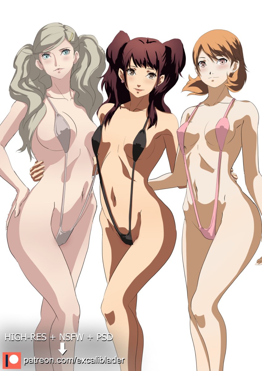 3girls alternate_costume ann_takamaki atlus big_breasts blonde_hair blue_eyes breasts brown_eyes brown_hair clothing excaliblader female female_only human kujikawa_rise large_breasts light_skin lovers_arcana medium_breasts megami_tensei multiple_girls pale-skinned_female pale_skin patreon patreon_logo patreon_username persona persona_3 persona_4 persona_5 short_hair sling_bikini slingshot_swimsuit swimsuit swimwear twintails yukari_takeba