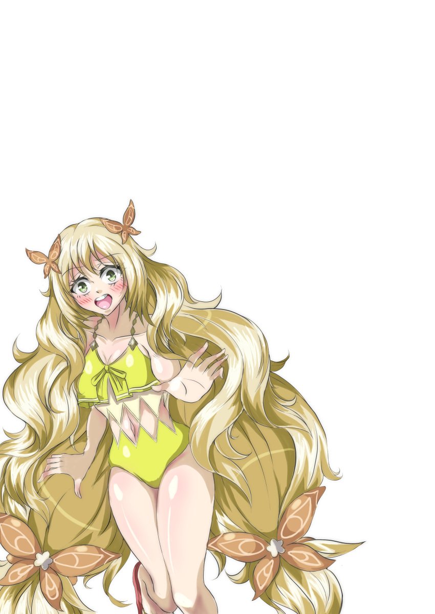 1girls absurdly_long_hair alternate_costume bangs bare_thighs blonde_hair blush breasts celine_(fire_emblem) cleavage embarrassed female fire_emblem fire_emblem_engage green_eyes long_hair looking_at_viewer medium_breasts nintendo one-piece_swimsuit reaching_out solo swimsuit thighs very_long_hair violet_migu18 warning white_background yellow_one-piece_swimsuit yellow_swimsuit