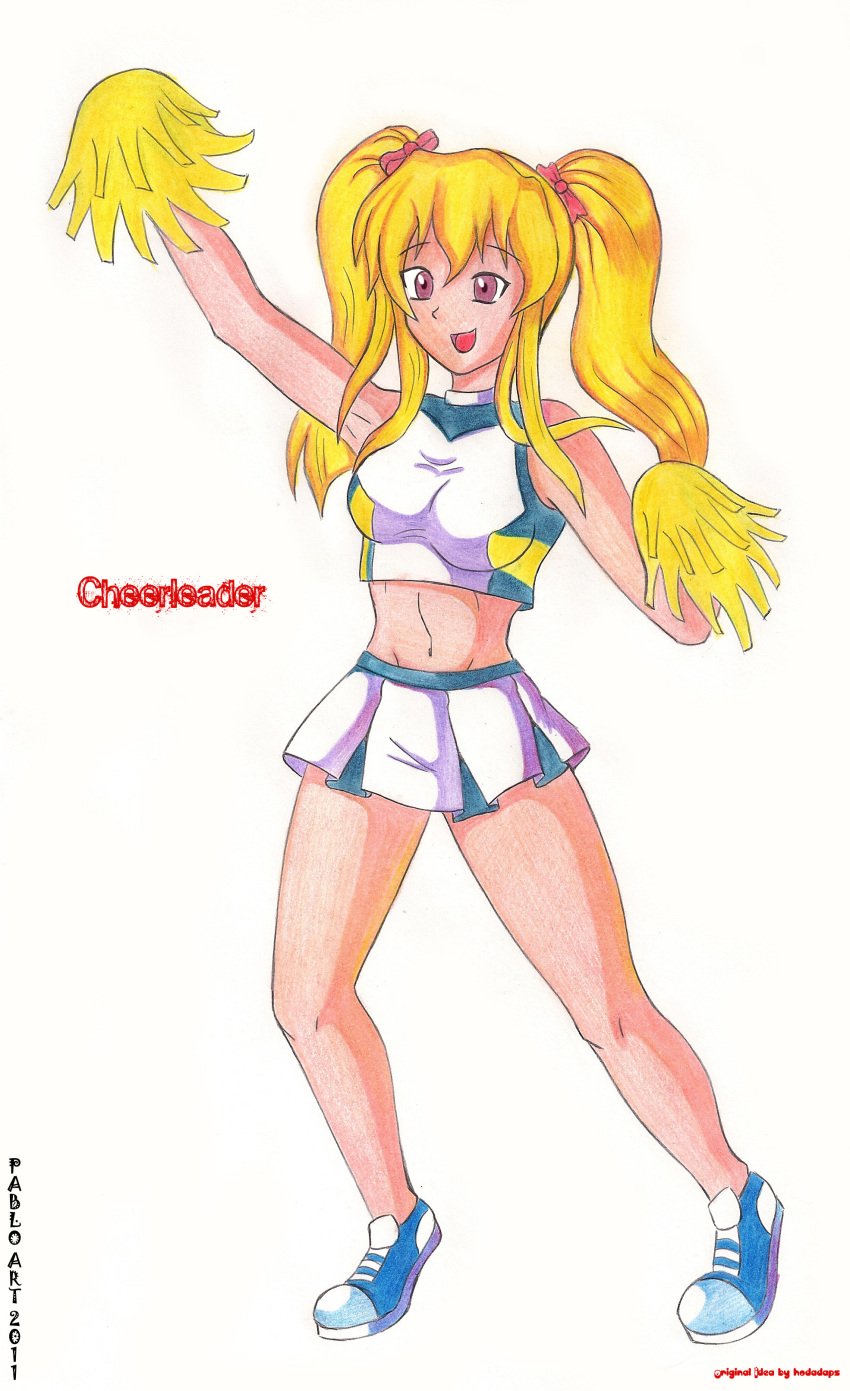 1girls ass before_and_after breasts cheerleader female female_only fully_clothed locofuria midriff navel pre-transformation smile solo thighs transformation wide_hips