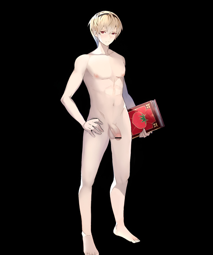 1boy bare_legs barefoot black_background blonde_hair book censored codename_(user_mkxe3283) codename_edit completely_nude edit fire_emblem fire_emblem_fates fire_emblem_heroes food frown legs leo_(fire_emblem) leo_(summer)_(fire_emblem) looking_at_viewer male male_only nervous nintendo nude nude_filter nude_male penis red_eyes short_hair solo tomato