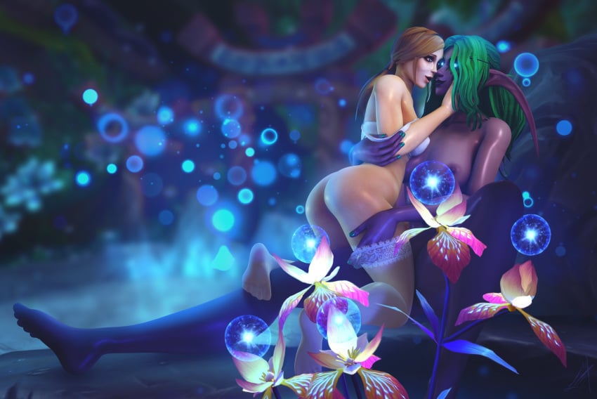 2girls 3d blizzard_entertainment blonde_hair grace_ahrena green_hair human human_(world_of_warcraft) light-skinned_female light_skin night_elf original_character purple_skin stockings thismelancholic warcraft world_of_warcraft yuri