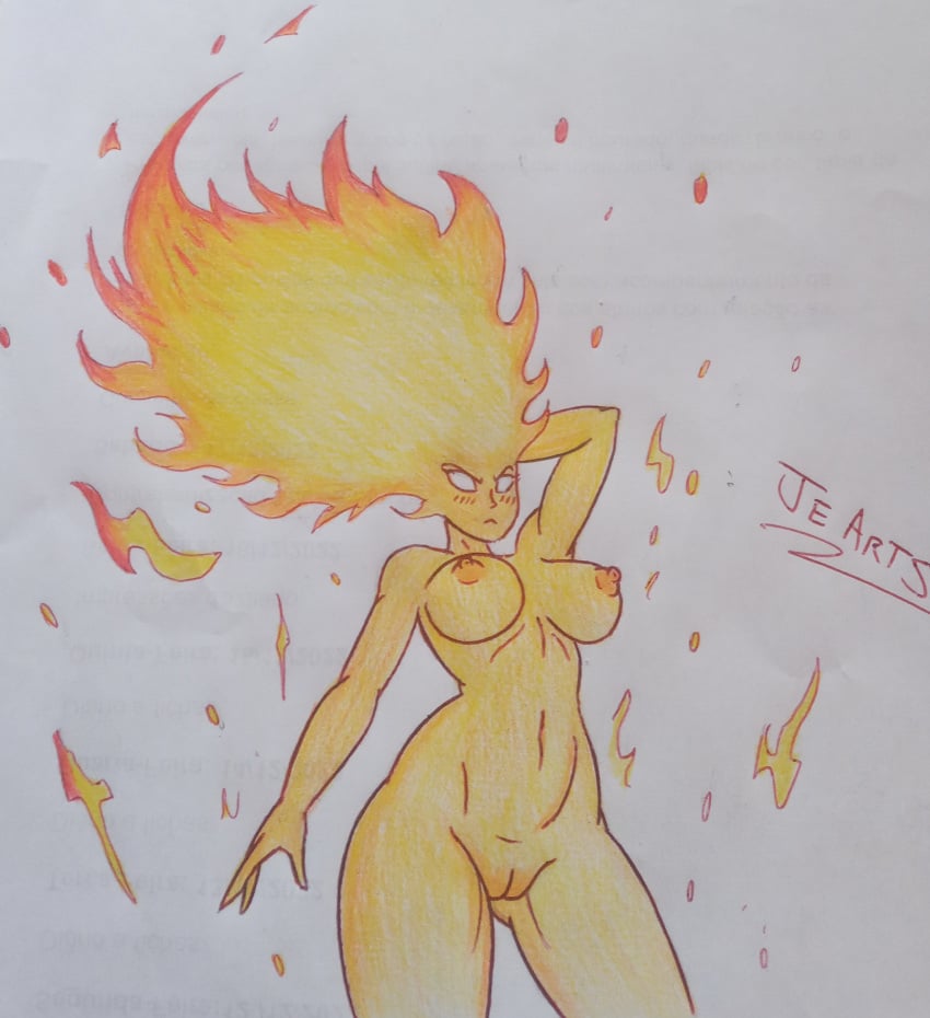 artist_name:je_arts big_breasts elemental elemental_creature elemental_humanoid elemental_of_fire_(character) exibitionism exposed_breasts fire fire_body je_arts nude original_character pussy white_eyes