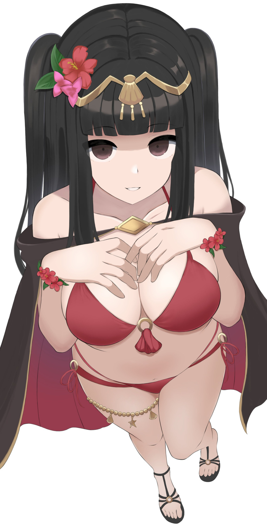 1girls absurdres alternate_costume bikini black_hair bracelet bracelets breasts brown_eyes cape cleavage feet female female_only fire_emblem fire_emblem_awakening fire_emblem_heroes from_above hands_on_own_chest highres jewelry kocha_(jgug7553) large_breasts nintendo o-ring o-ring_bikini official_alternate_costume red_bikini red_swimsuit sandals simple_background slippers smile solo swimsuit tharja_(fire_emblem) tharja_(summer)_(fire_emblem) thick_thighs thighs toes