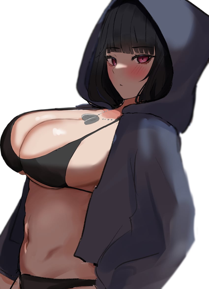 1girls bangs big_breasts black_bra black_panties blush bra breasts cleavage cloak closed_mouth d_(nikke) dark_hair dog_tags eyebrows_visible_through_hair female female_only goddess_of_victory:_nikke highres hood hood_up light-skinned_female light_skin looking_at_viewer metoranran navel panties red_eyes solo white_background