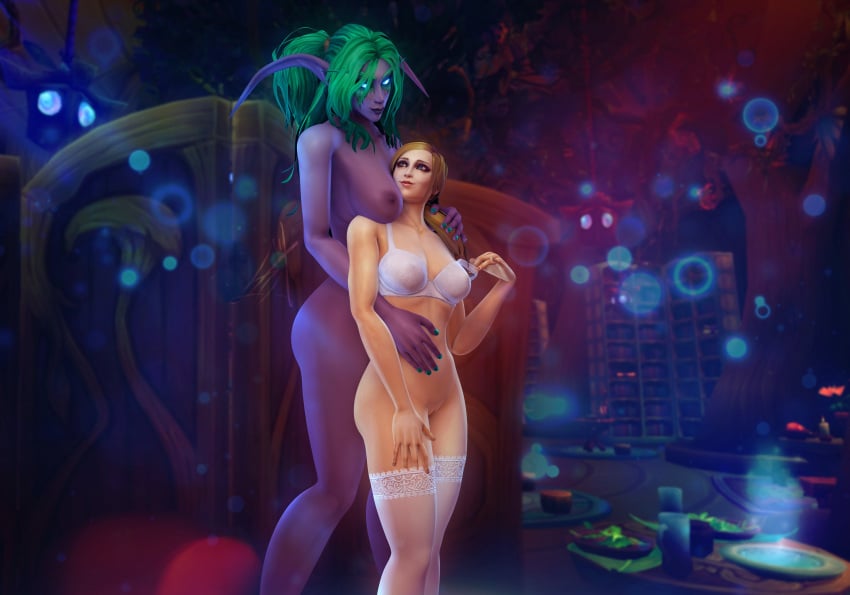 2girls 3d blizzard_entertainment blonde_hair grace_ahrena green_hair human human_(world_of_warcraft) light-skinned_female light_skin night_elf original_character purple_skin pussy size_difference stockings thismelancholic warcraft world_of_warcraft yuri