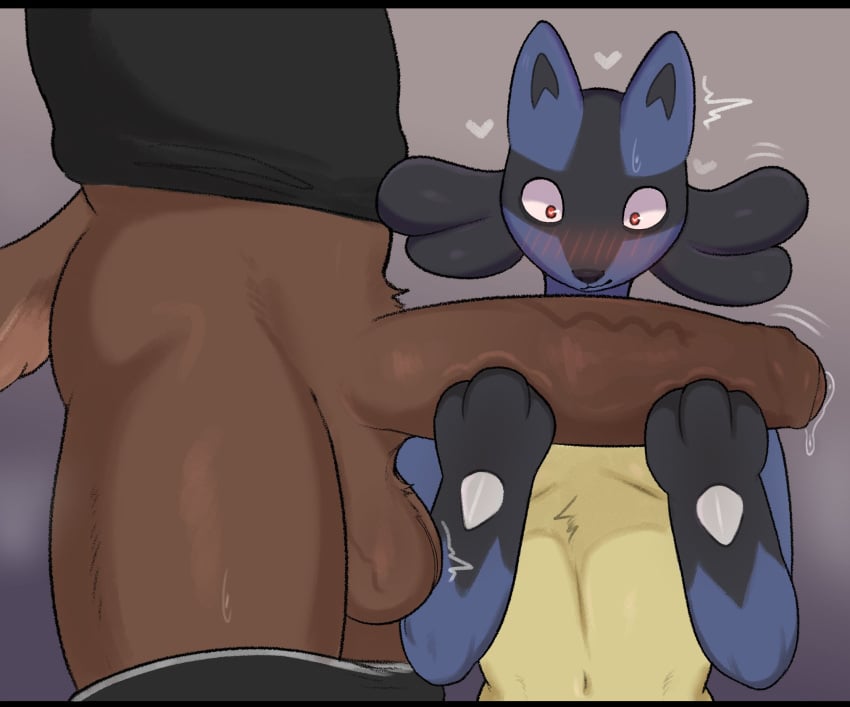 anthro balls big_penis blush bodily_fluids bottomwear canid canine clothed clothing dripping duo erection faceless_character faceless_male foreskin gay generation_4_pokemon genital_fluids genitals heart-shaped_pupils hi_res holding_penis huge_cock lucario male male/male mammal nintendo partially_clothed penis pokemon pokemon_(species) precum precum_drip shirt shorts shorts_down sijimmy456 topwear vein veiny_penis