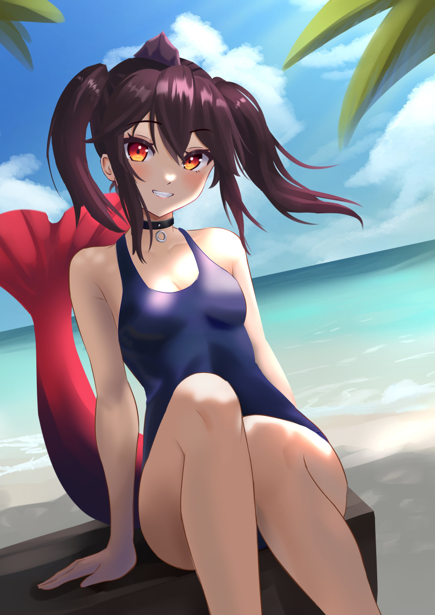 1girls akami_chiyo beach black_hair clouds day estebaneishon1 female_only highres latam_virtual_youtuber light-skinned_female light_skin looking_at_viewer one-piece_swimsuit pigtails piranha_girl sitting small_breasts smiling smiling_at_viewer summer swimsuit virtual_youtuber