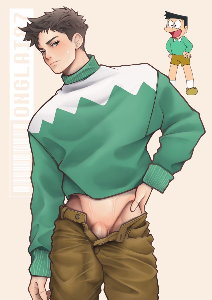 aged_up blush blush bulge bulge_in_pants bulge_through_clothing dark_hair doraemon fully_clothed hand_on_hip male no_underwear onglai87 solo suneo_honekawa sweatdrop sweater unbuttoned_pants unzipped_pants v-line veins