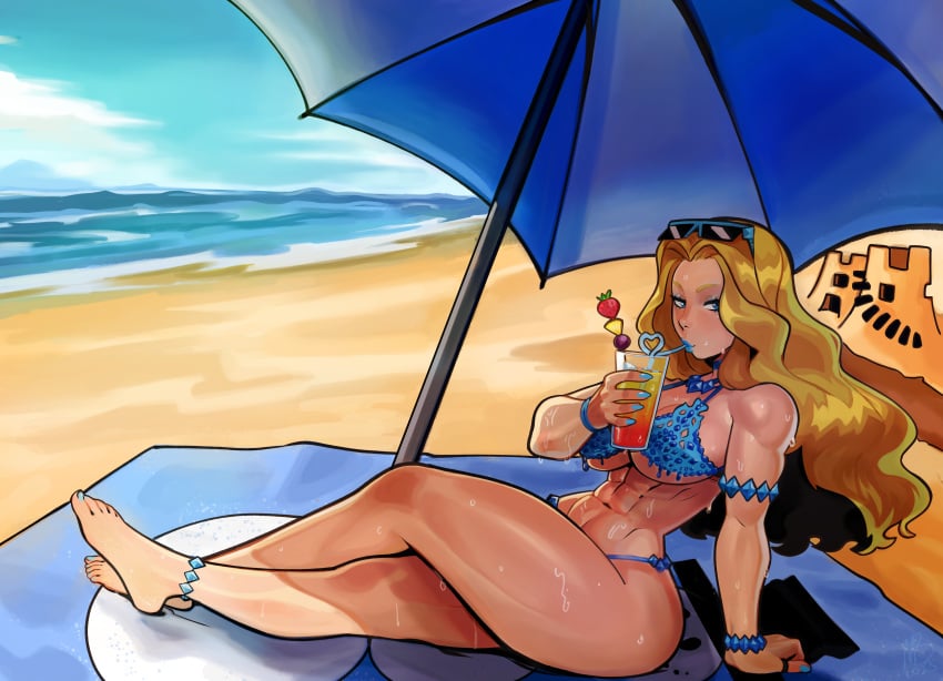 1girls beach beach_towel bikini blonde_hair blue_eyes blue_lipstick capcom drinking eyewear_on_head eymbee female female_only fully_clothed kolin legs lipstick long_hair parasol patreon_reward sand solo street_fighter street_fighter_iii street_fighter_iii:_3rd_strike street_fighter_iii_(series) street_fighter_v sunglasses_on_head sweat swimsuit