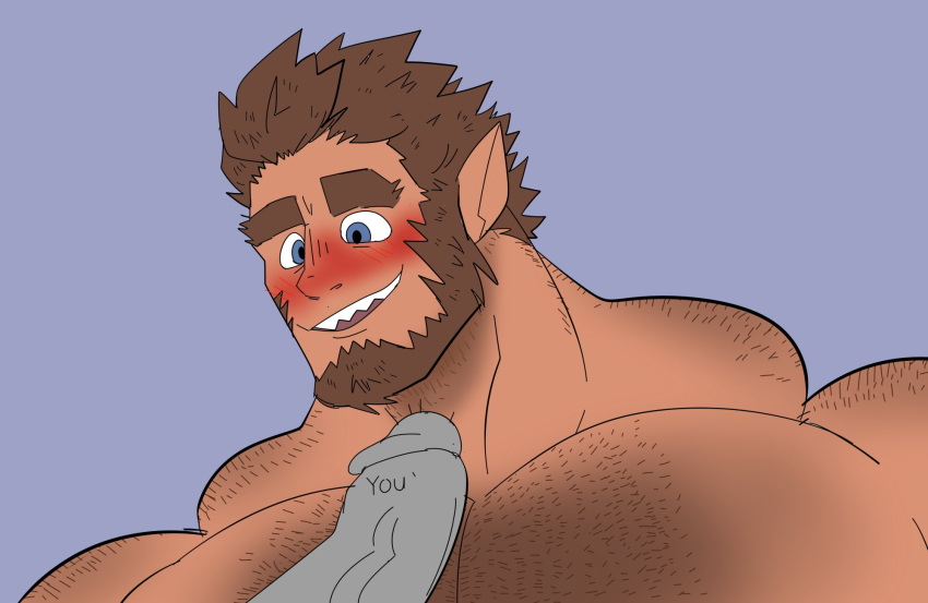 balls bara beard blush body_hair boner diicedd erection facial_hair gay hairy male male_only monster_prom mostly_offscreen_character muscles muscular nude pecs penis penis_on_chest scott_howl tail werewolf