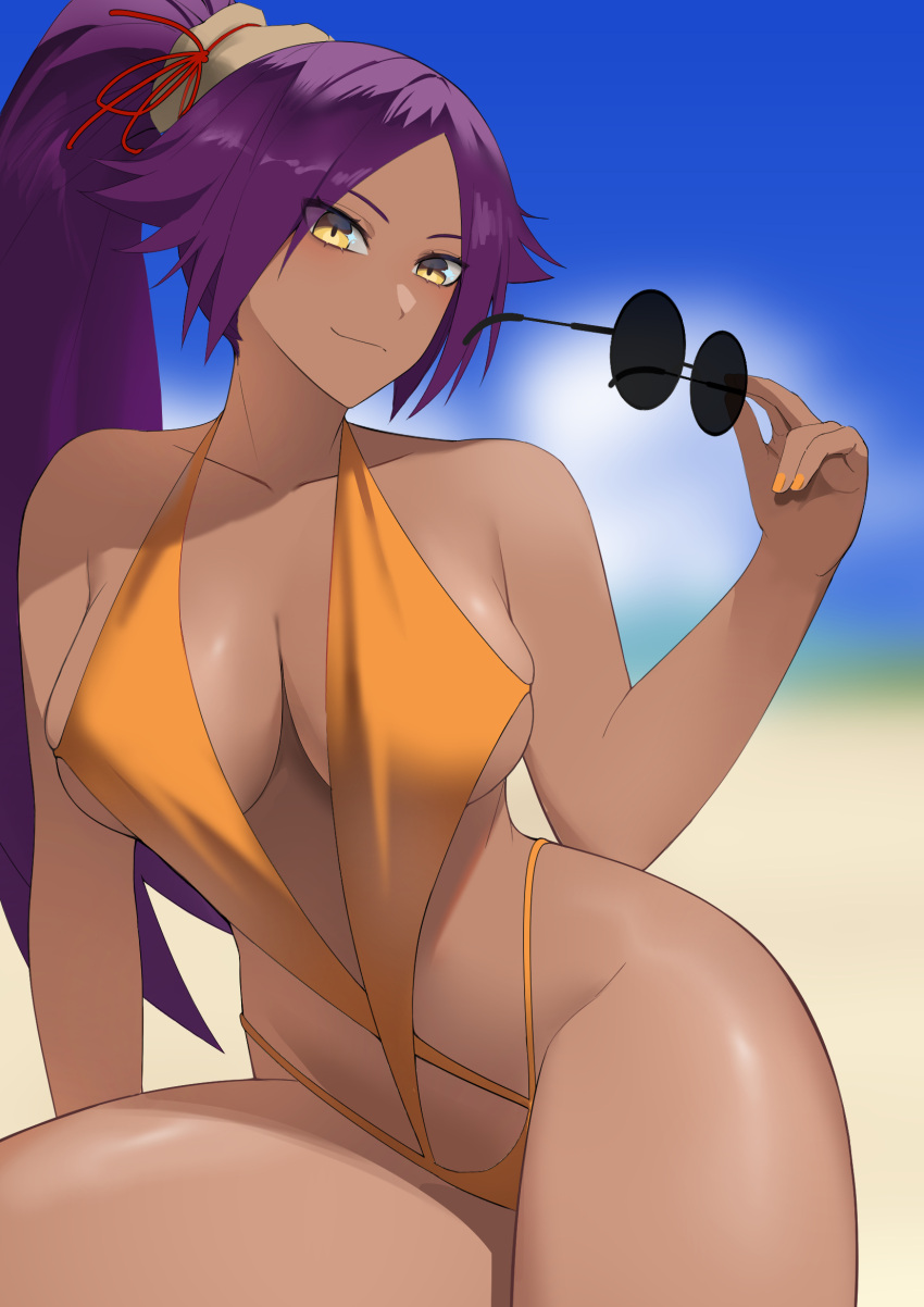 1girls bare_shoulders beach bleach blue_sky blurry blurry_background breasts cleavage collarbone dark-skinned_female dark_skin eyewear_removed female highleg highleg_swimsuit highres holding holding_removed_eyewear kritta88 large_breasts long_hair looking_at_viewer nail_polish one-piece_swimsuit orange_nails orange_one-piece_swimsuit outdoors parted_bangs ponytail purple_hair round_eyewear shihouin_yoruichi sideboob skindentation sky smile solo swimsuit thick_thighs thighs toned yellow_eyes