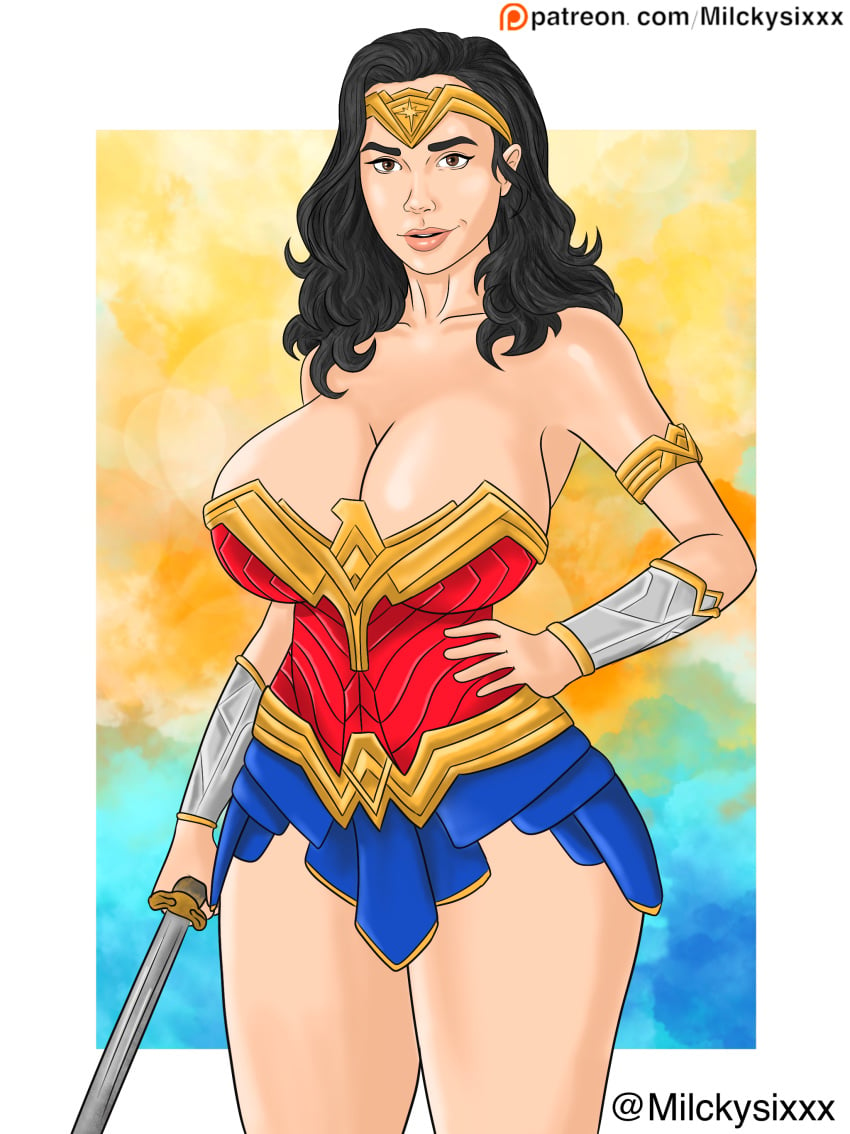 armwear big_ass big_breasts black_hair breasts brown_eyes cleavage clothed clothing dc dc_comics dc_extended_universe dceu diana_prince gal_gadot huge_breasts legs light-skinned_female light_skin looking_at_viewer milckysixxx non-nude pin_up simple_background skirt solo solo_female wonder_woman wonder_woman_(dceu) wonder_woman_(series)