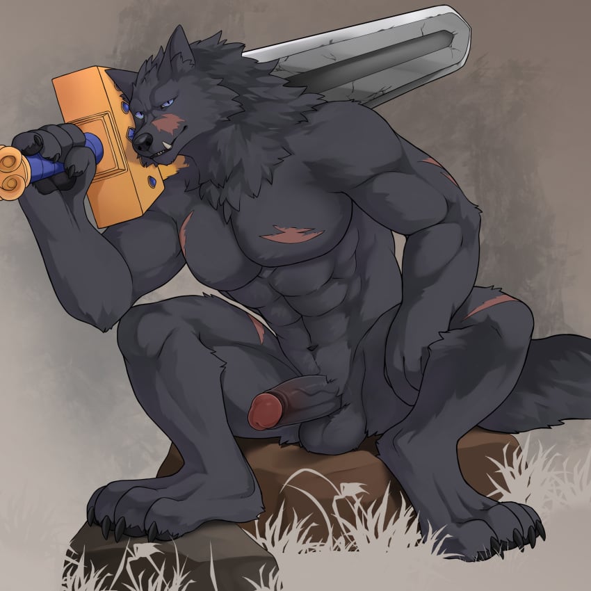 1:1 2022 abs absurd_res anthro balls blaidd_(elden_ring) canid canine canis claws elden_ring erection fromsoftware furry gay genitals hi_res holding_object holding_sword holding_weapon huka humanoid_genitalia humanoid_penis looking_at_viewer male male_only mammal melee_weapon muscular muscular_male navel nude pawpads pecs penis scar sitting sitting_on_rock solo sword sword_over_shoulder weapon wolf