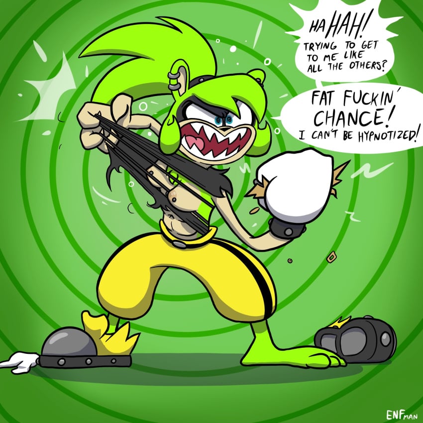 angry angry_face apple_green_hair baggy_pants breasts clenched_fist dialogue fist fists_clenched front_view full_body green_background green_hair green_theme hypnosis hypnosis_attempt ringed_background ripping_clothing solo sonic_(series) speech_bubble spiral_background surge_the_tenrec tagme text theenfman top_knot torn_clothes unaware_hypnosis undressing