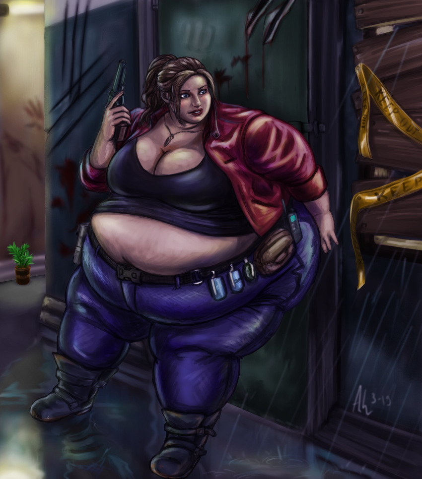 bbw belly_overhang big_belly big_breasts big_female chubby chubby_female claire_redfield fat fat_ass fat_female fat_fetish fat_girl fat_woman fatty gun holding_gun huge_belly large_female morbidly_obese morbidly_obese_female obese obese_female overweight overweight_female plump pork_chop ray_norr resident_evil resident_evil_2 resident_evil_2_remake thick_thighs weight_gain