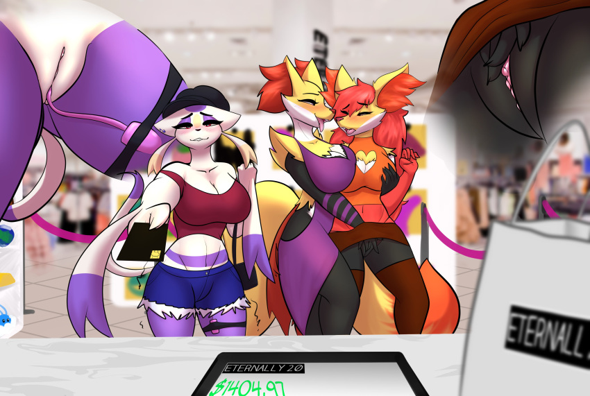 absurd_res anglo blush clothing delphox female generation_5_pokemon generation_6_pokemon genitals group hand_on_pussy hi_res kojondo looking_pleasured mahoxy mienshao nintendo pokemon pokemon_(species) pussy sapphire_(anglo) sex_toy store tongue tongue_out trio vibrator