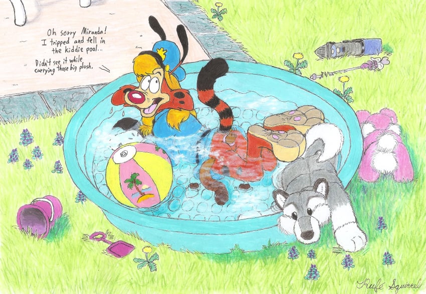 anthro anus backyard ball beach_ball bobcat bonkers_(series) bonkers_d._bobcat clothed clothing disney feces feet felid feline hair hi_res inflatable invountary long_hair looking_at_viewer lynx male mammal off_screen_character partially_clothed partially_submerged plushie police_uniform pool pool_toy raised_tail rufe-squirrel scat solo spread_anus spreading tail toy traditional_media_(artwork) uniform what wrinkled_feet