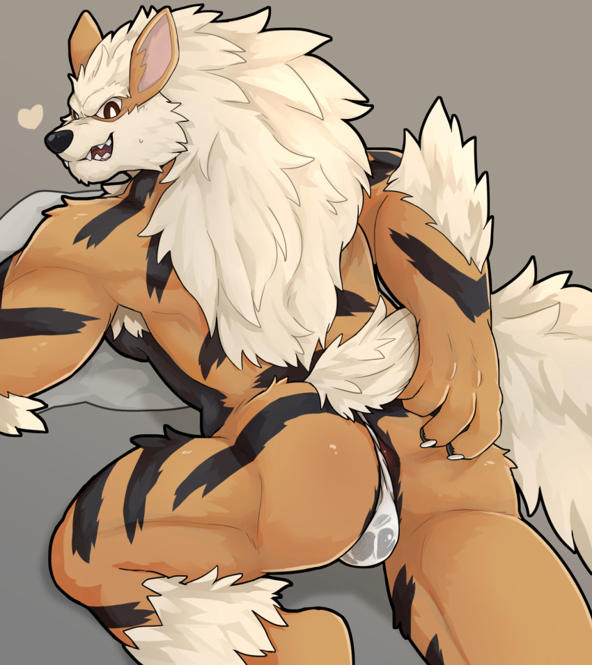 anthro anthrofied anus arcanine asian_clothing ass balls_outline barely_visible_anus clothed clothing east_asian_clothing fundoshi fundoshi_only generation_1_pokemon genital_outline grey_background hand_on_butt hand_on_own_butt hi_res huka japanese_clothing looking_at_viewer looking_back looking_back_at_viewer lying male male_only muscular muscular_male nintendo on_front pokemon pokemon_(species) presenting presenting_hindquarters simple_background solo spread_butt spreading topless translucent translucent_clothing translucent_underwear underwear underwear_only windie