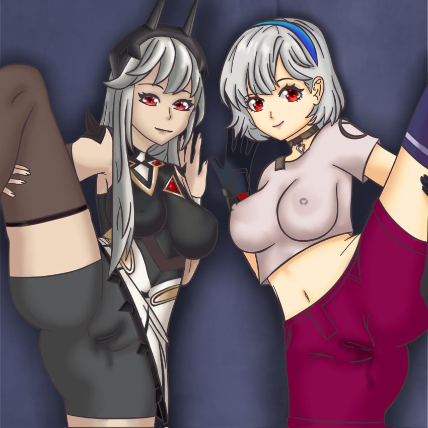 2females 2girls before_sex belly belly_button big_breasts black_shorts choker digital_drawing_(artwork) epic_games female female_focus female_only fortnite fortnite:_battle_royale hair_ornament headband holding_legs image_set legs_apart legs_held_open legs_up lexa_(fortnite) light-skinned_female light_skin long_hair looking_at_viewer multiple_girls nipples nipples_visible_through_clothing only_female pink_shorts presenting princess_lexa_(fortnite) pussy pussy_visible_through_clothes red_eyes seductive short_hair smile smiling smiling_at_viewer soaked_clothes socks sondrykle stockings twitter vagina vaginal_juices video_game video_game_character wet_clothes wet_pussy white_hair