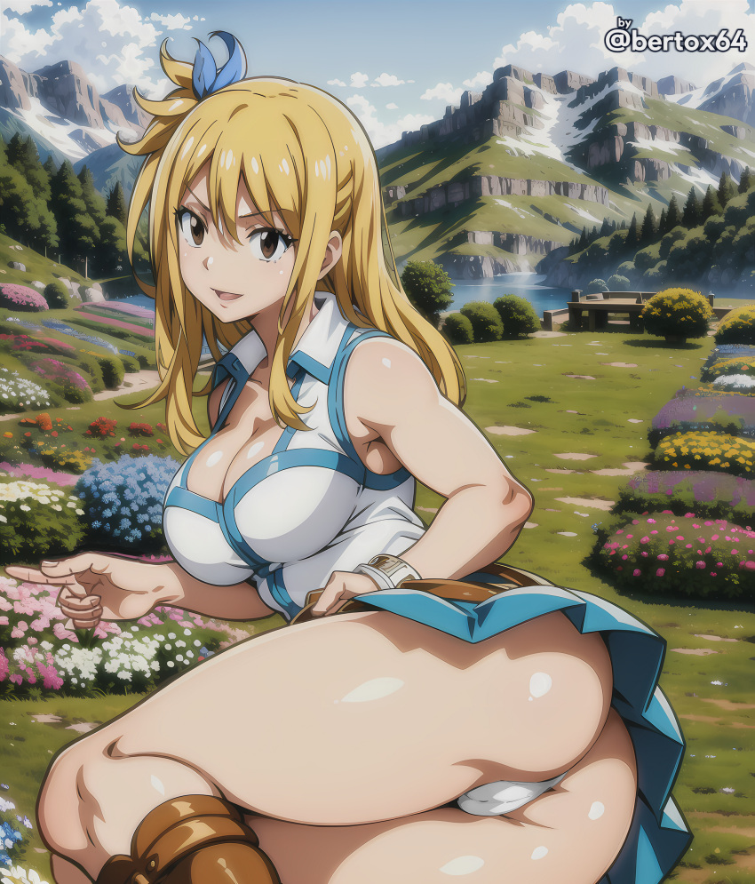 ai_generated bertox64 big_ass big_breasts blonde_hair blue_skirt brown_eyes exposed_panties fairy_tail female female_only lucy_heartfilia miniskirt seductive seductive_smile smile thick_thighs thong upskirt white_thong