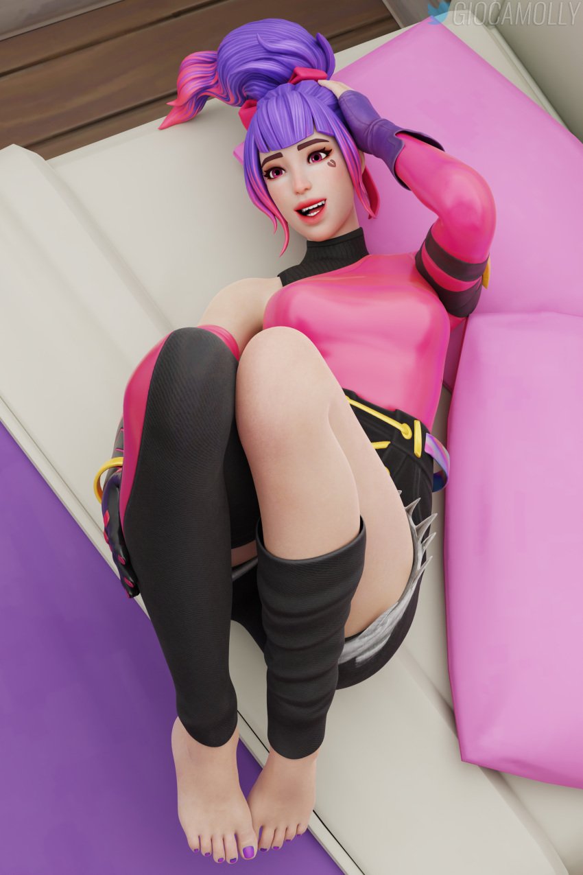 1female 3d artist_name bare_shoulders barefoot bed bedroom breasts clothed clothed_female clothing color feet female female_focus female_only fortnite front_view full_body giocamolly hands_behind_head image_set indoors laying_down laying_on_back laying_on_bed legs legs_together looking_at_viewer mismatched_legwear mouth_open multicolored_hair pillow pink_eyes pink_shirt purple_hair purple_toenails shorts teeth_showing thighs tracy_trouble tracy_trouble_(fortnite) twitter