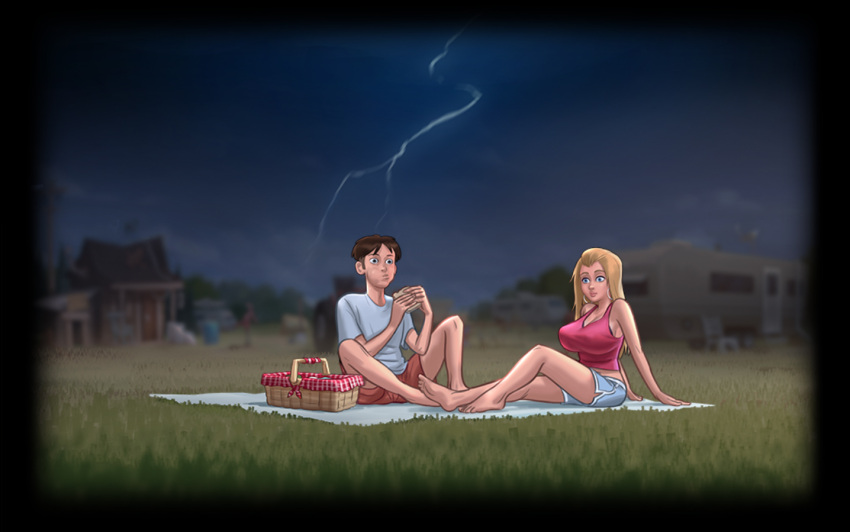 1boy 1girls 2d black_border blanket blonde_hair blonde_hair bottomwear bra clothed clothing cloud clouds darkcookie digital_drawing_(artwork) digital_media_(artwork) duo ear_piercing earrings eating eating_food female grass grass_field light-skinned_female light-skinned_male light_skin lighting long_hair main_character_(summertime_saga) male male/female outdoors outside picnic picnic_basket picnic_blanket piercing piercings roxxy_(summertime_saga) sandwich sandwich_(food) shirt shocked shocked_expression shorts sitting sky summertime_saga surprised surprised_expression tank_top thunder topwear