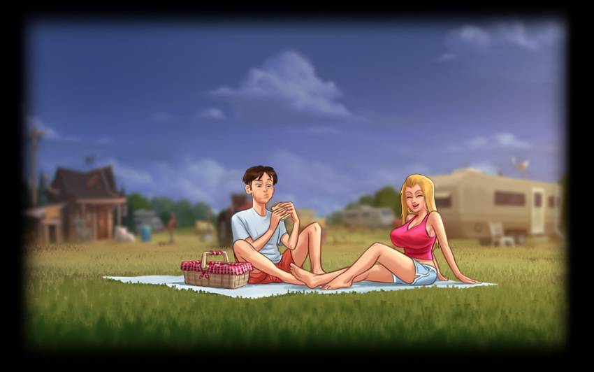 1boy 1girls 2d black_border blanket blonde_hair blonde_hair bottomwear bra closed_eyes clothed clothing cloud clouds darkcookie digital_drawing_(artwork) digital_media_(artwork) duo ear_piercing earrings eating eating_food female giggle giggling grass grass_field laughing light-skinned_female light-skinned_male light_skin long_hair main_character_(summertime_saga) male male/female outdoors outside picnic picnic_basket picnic_blanket piercing piercings roxxy_(summertime_saga) sandwich sandwich_(food) shirt shorts sitting sky summertime_saga tank_top topwear