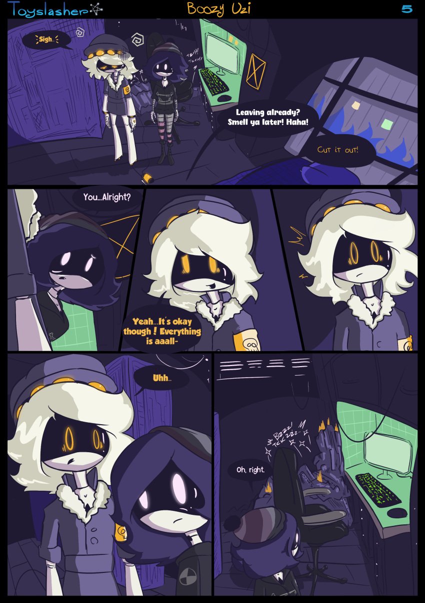 boozy_uzi comic comic_page glitch_productions murder_drones n_(murder_drones) newgrounds page_5 panels robot robot_boy robot_girl toyslasher twitter uzi_(murder_drones)