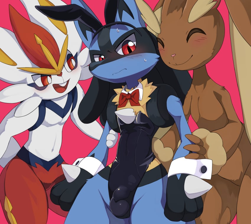 ambiguous_gender anthro arm_grab balls_outline blush bow_tie bulge bunny_costume cinderace closed_eyes clothed clothing costume detailed_bulge embarrassed fake_ears fake_rabbit_ears featureless_crotch generation_4_pokemon generation_8_pokemon genital_outline group hi_res huka lopunny lucario male male/ambiguous nintendo nude pink_background pokemon pokemon_(species) shirt_collar shirt_cuffs simple_background skimpy strapless_leotard tight_clothing trio