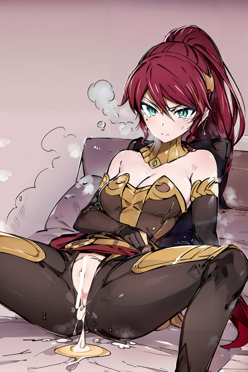 1girls after_sex ai_generated arm_gloves armor armored_corset circlet corset cum cum_drip cum_in_pussy cum_inside cum_overflow exposed_pussy female_only gloves gorget green_eyes high_ponytail km_m long_hair ponytail pussy pyrrha_nikos red_hair rwby shaved_pussy solo solo_female spread_legs tagme tearing_up