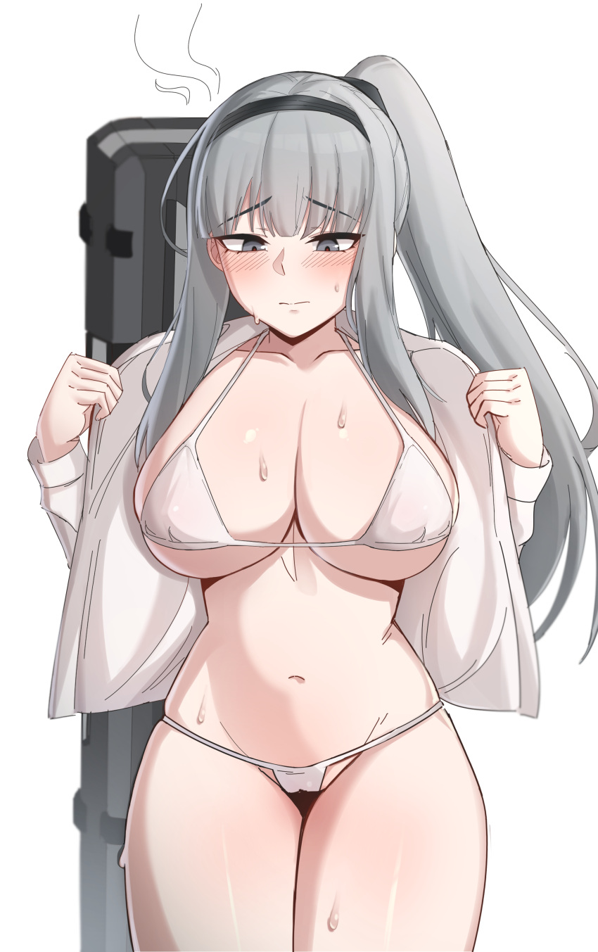 big_breasts bikini blush eternal_return:_black_survival grey_hair haze(black_survival) haze(eternal_return) ponytail small_bikini sweat