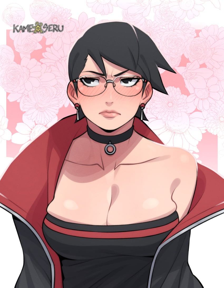 1girls boruto:_naruto_next_generations boruto:_two_blue_vortex female female_focus glasses kameseru large_breasts looking_to_the_side mature_female naruto sarada_uchiha solo solo_female solo_focus