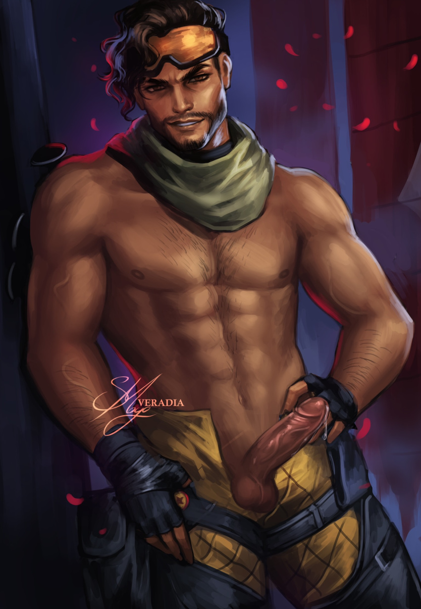 1boy apex_legends balls chest_hair happy_trail leaking_cum male_only mirage_(apex_legends) muscular_male scarf seductive_smile shirtless solo_male tan_skin veradia