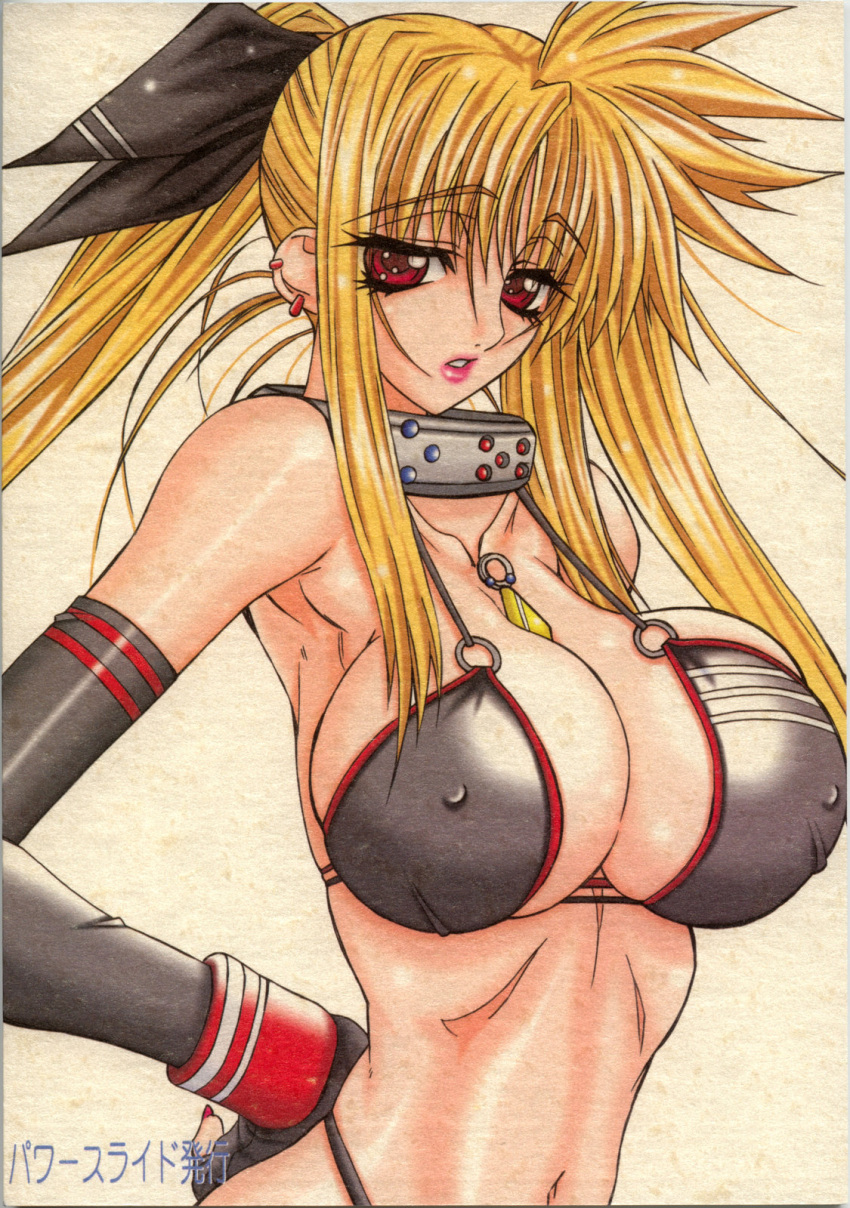 blonde_hair breasts collar cover cover_page doujinshi earrings elbow_gloves erect_nipples fate_testarossa gloves high_res highres huge_breasts jewelry lipstick lyrical_nanoha mahou_shoujo_lyrical_nanoha mahou_shoujo_lyrical_nanoha_strikers makeup mizugi oppai power_slide red_eyes swimsuit tied_hair twintails