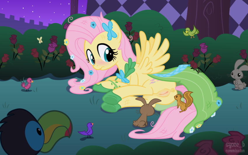 2013 anus avian bird blue_eyes blush brown_fur clothes english_text equine female feral fluttershy_(mlp) friendship_is_magic hair lagomorph lying my_little_pony night outdoors pegasus pink_hair pirate pussy rabbit rodent smile squirrel syoee_b text white_fur wings yellow_fur