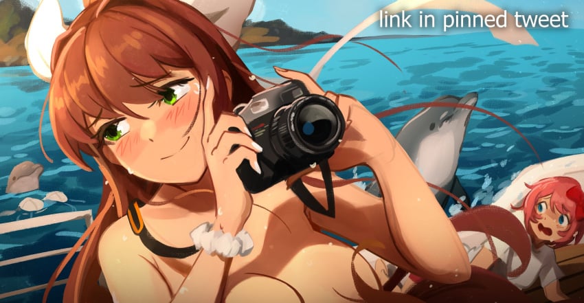 2girls bikini_top blue_eyes blue_sky blush blush_lines blushing boat boobs bow bra breasts camera doki_doki_literature_club dolphin english_text female female_only girl girl_only green_eyes hair_bow hairbow holding holding_camera holding_object imminent_bestiality imminent_rape imminent_sex khyleri long_hair monika_(doki_doki_literature_club) multiple_girls object on_boat only_female open_mouth red_bow red_hair_bow red_hairbow sayori_(doki_doki_literature_club) scrunchie scrunchie_on_wrist sky strawberry_blonde_hair text topless topless_female water white_bikini_top white_bra white_scrunchie